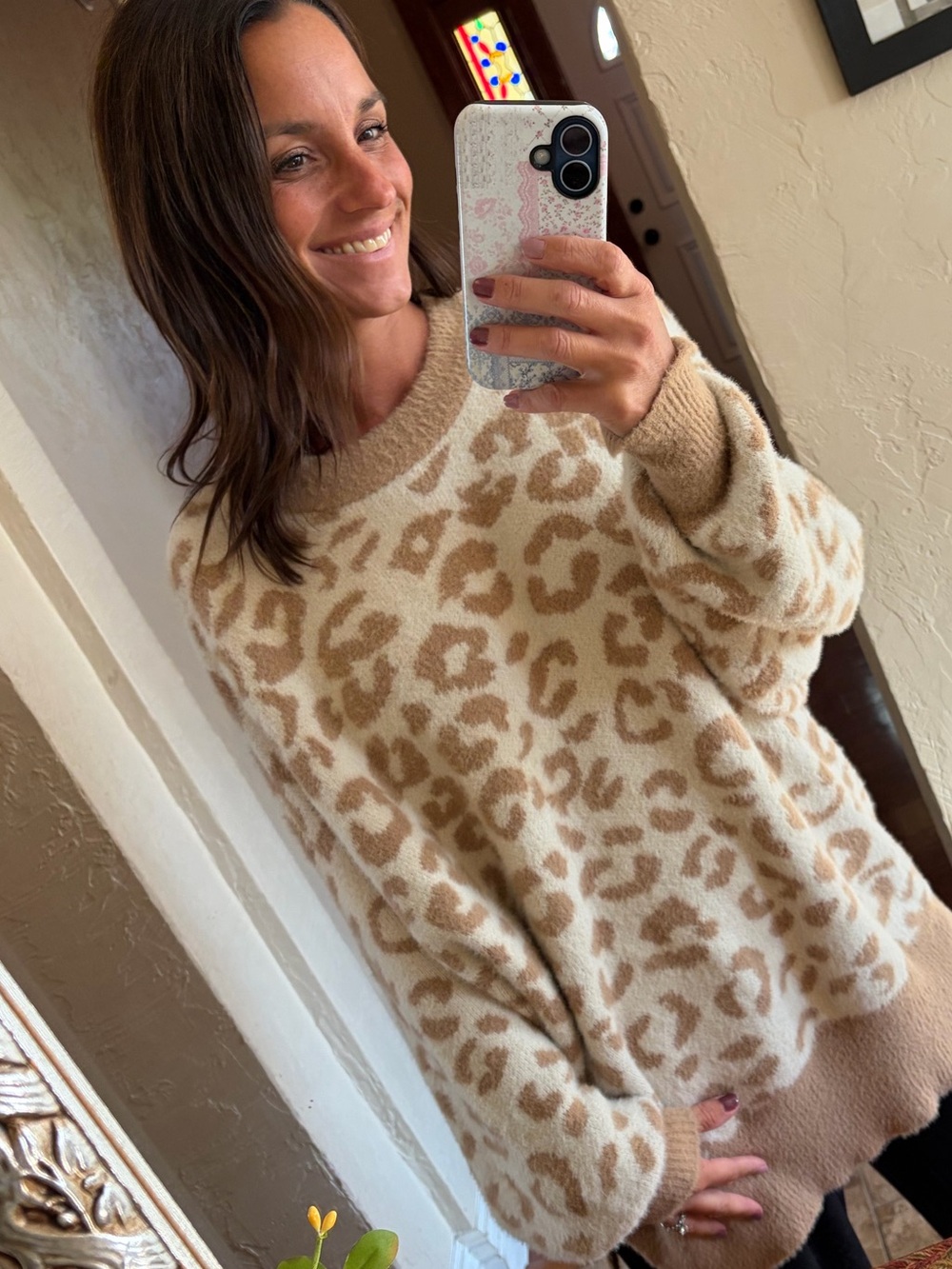 aerie Beige and Cream Leopard Crewneck Sweater